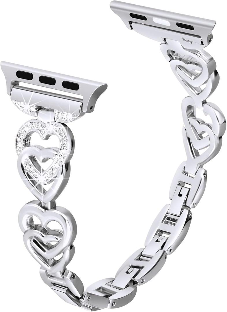 Heart-Shaped Band Compatible for Apple Watch Band 38mm 40mm 41mm 42mm 44mm 45mm 46mm 49mm, Iwatch Band for Women Stainless Steel Metal Strap for iWatch Series 10 9 8 7 6 5 4 3 2 1 SE Ultra (Q-(Silver))
