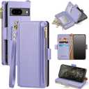 Antsturdy Compatible with Google Pixel 8 Wallet Case with Card Holder Women Men Phone Case RFID Blocking PU Leather Kickstand Flip Protective Cover Wrist Strap Zipper Credit Card Slots,Light Purple