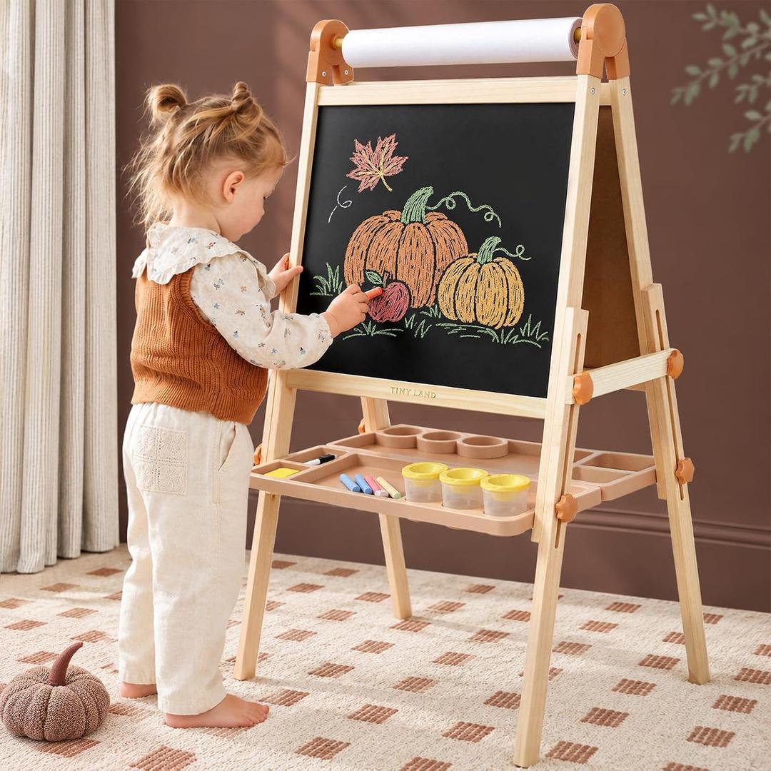 Tiny Land Foldable Wooden Art Easel for Kids, with Chalkboard & Whiteboard, 43.9 inches