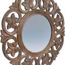 Creative Co-Op Round Carved Wood Botanical Framed Wall Mirror, Walnut Brown
