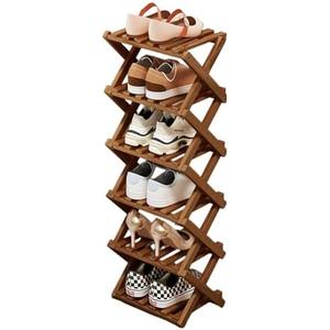 Comeon Bamboo Shoe Rack, Foldable Vertical Shoe Rack for Front Door Entrance Narrow Shoe Organizer Small Shoe Shelf for Entryway Shoe Storage Closet Multi-Tier (Brown Colors,6 Layers)