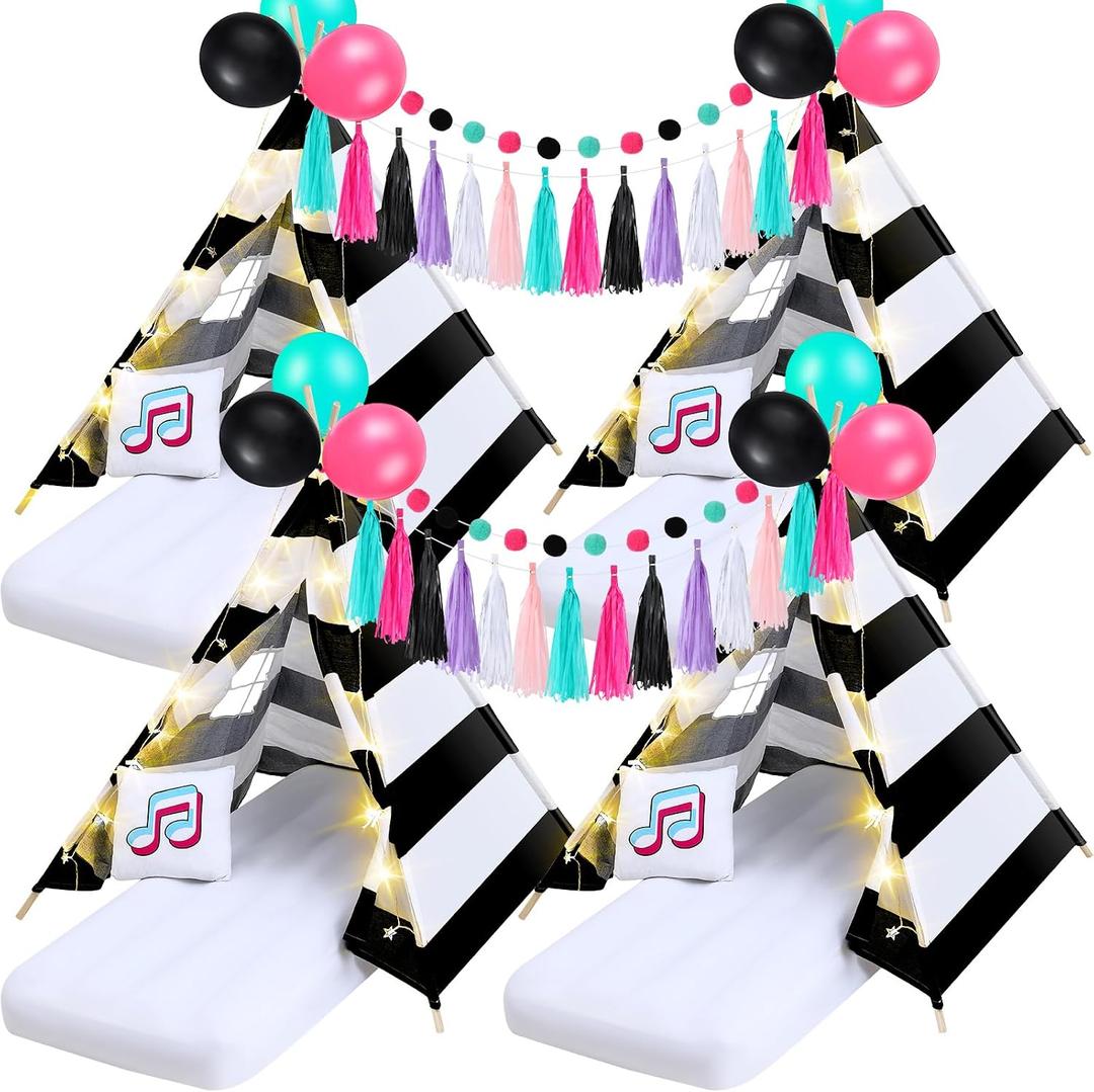 Windyun 4 Pack Teepee Tents for Kids Slumber Party with Air Mattress,Light,Pillows,Music Theme Sleepover Tents for Girls Party,Natural Cotton Kids Teepee for Indoor Outdoor, 5.25 ft x 5.25 ft x 5.15 ft