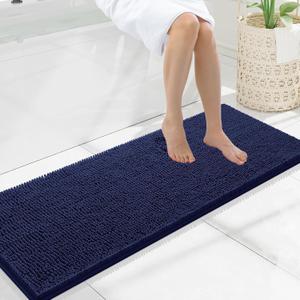 Smiry Luxury Chenille Bathroom Rugs 47x17, Extra Soft and Absorbent Shaggy Bath Mat, Machine Washable, Non-Slip Plush Carpet Runner for Tub, Shower, and Floor, Home Decor Accessories, Navy Blue