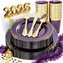 Nervure 175PCS Clear Purple Plastic Plates - Purple Party Plates Set for 25 Guests Include 25Dinner Plate, 25Dessert Plate, 25Cups, 75 Cutlery, 25Napkins Perfect for Wedding & Party & New Year