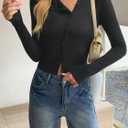 Fisoew Womens Long Sleeve Crop Tops Casual Button Down Shirts Slim Fit Y2k Going Out Ribbed Knit Shirts (Black)