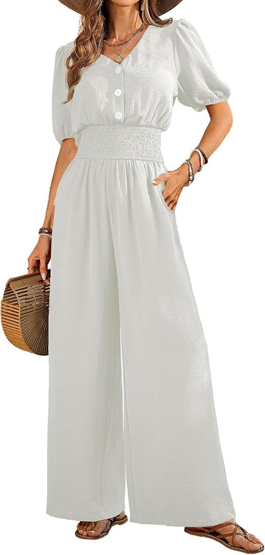 LOOKBOHO Jumpsuits for Women Dressy Casual Short Sleeve Pants Rompers 2026 (White, L)