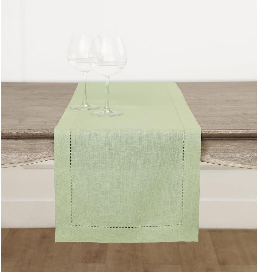 Solino Home Linen Sage Green Table Runner 90 Inches Long - 100% Pure Linen Hemstitch 14 x 90 Inch Table Runner for Dining, Spring, Summer, Mothers Day - Classic Hemstitch