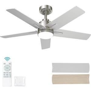 42 Inch Brushed Nickel Ceiling Fan with Light and Remote Control,Dimmable 3 Color Temperatures LED Ceiling Fan,6 Speeds Reversible DC Motor,5 Blades Modern Ceiling Fans for Indoor or Covered Outdoor