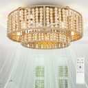 Boho Wood Beaded Layered Fandelier, 20" 6-Speed Flush Mount Ceiling Fan Chandelier with Light & Remote Control Enclosed Bladeless Low Profile Low Noise for Kitchen Bedroom Living Room Patio