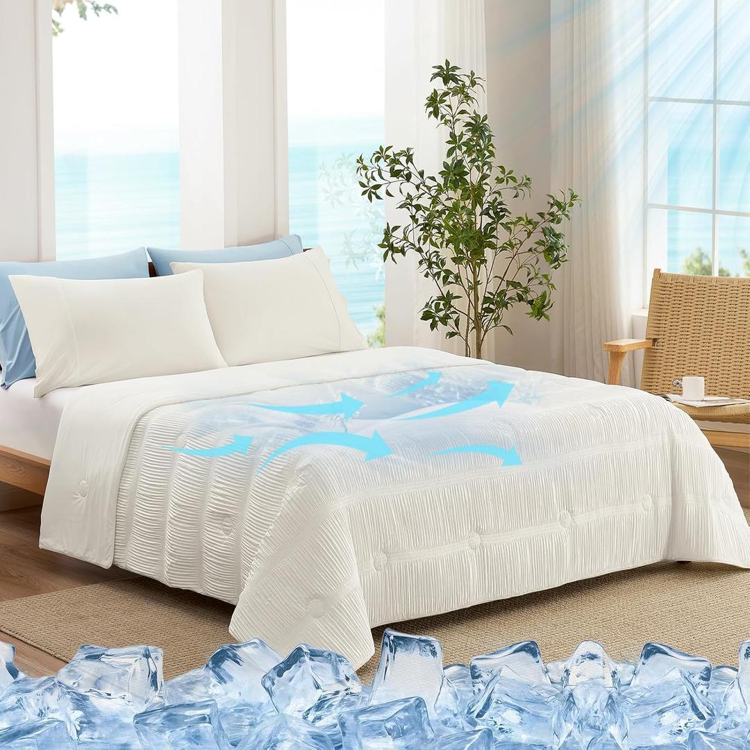 Snuggle Sac Cooling Comforter King Size Q-Max 0.43 Striped Cooling Blanket for Hot Sleepers &Night Sweats, Light Breathable Summer Blanket, Reversible Dual-Sided Silk-Smooth, 106x90 Inches, White