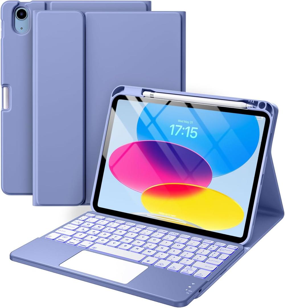 Harvopu Compatible for iPad 11th 10th Generation Case with Keyboard, Folio Cover with Pencil Holder, Multi-Touch Trackpad, 7 Color Backlit, Detachable Keyboard for iPad (A16) 11th/10th Gen (Blue)