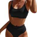 Fanuerg Women's Ribbed High Waisted Bikini Sets Scoop Neck Two Piece Swimsuits Spaghetti Strap Textured Bathing Suit (Black, S)