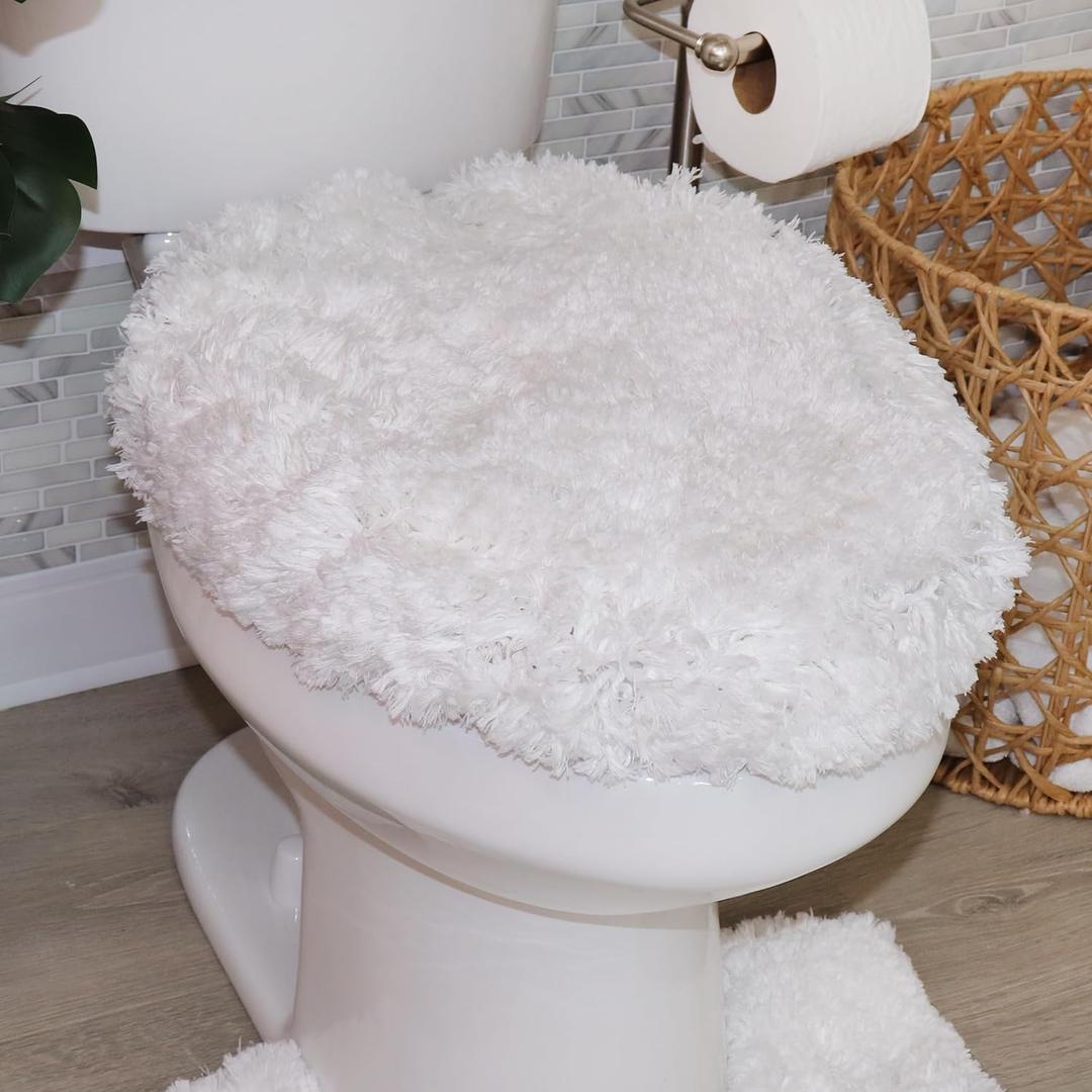 Soft Microfiber Bathroom Toilet Lid Cover, Machine Washable Seat Covers, Stays in Place Rubber Backing, Fits Most Round, Elongated and Oblong Lids, Home Decor Accessories, 18x18, White