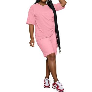 PINSV 2 Piece Sets for Women Summer Casual Short Sleeve Top and Short Workout Jogger Sets Pink XL