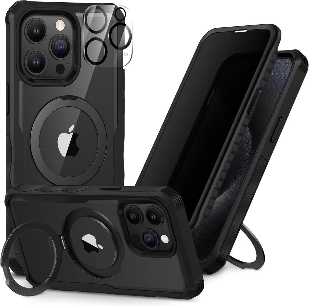 CENHUFO Privacy for iPhone 15 Pro Max Case, Full Body Phone Case [Compatible with Magsafe] Built-in 9H Tempered Glass Privacy Screen Protector and Magnetic Ring Stand, Clear Camera Lens Cover -Black