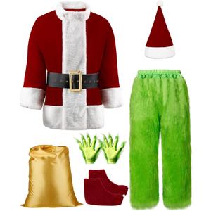 PrettyQueen Christmas Green Santa Costume Deluxe Men's Santa Claus Costume Adult Santa Suit Halloween Xmas Holiday Party Cosplay Outfit 9Pcs (X-Large)