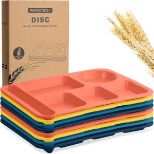 Pinkunn 8 Pcs Large 14 Inch Unbreakable Divided Plates for Kids Adults Wheat Straw Tray Dishwasher Microwave Safe Reusable Compartment Plates(Dark Blue, Dark Green, Yellow, Orange)