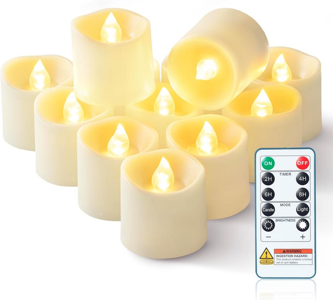 Homemory 400+ Hour Timer Remote Control Flameless Votive Candles, Battery Operated LED Tea Lights in Warm White for Outdoor, Table, Halloween, Christmas-Ivory Base (12 Pack)