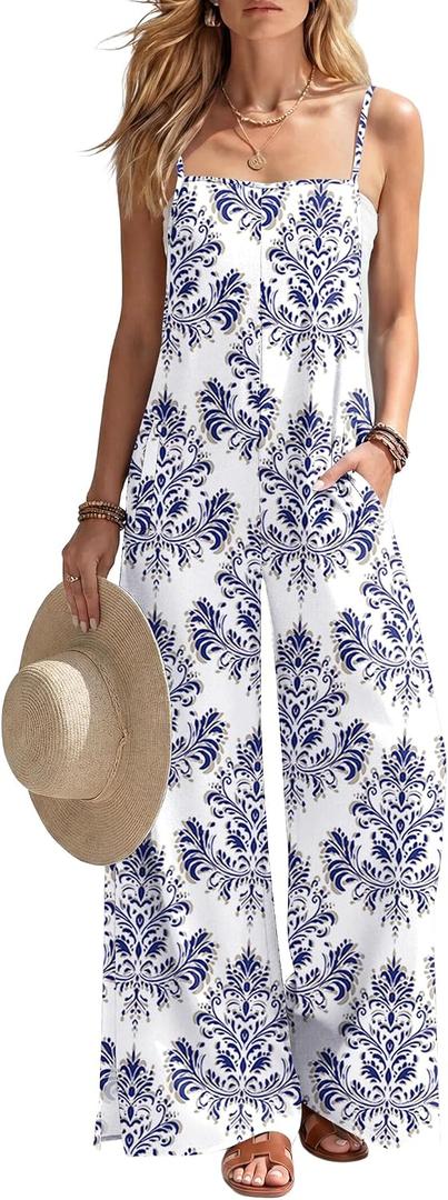 Ekouaer Womens Causal Sleeveless Jumpsuits Summer Boho Wide Leg Floral Rompers Overalls with Pockets, Medium