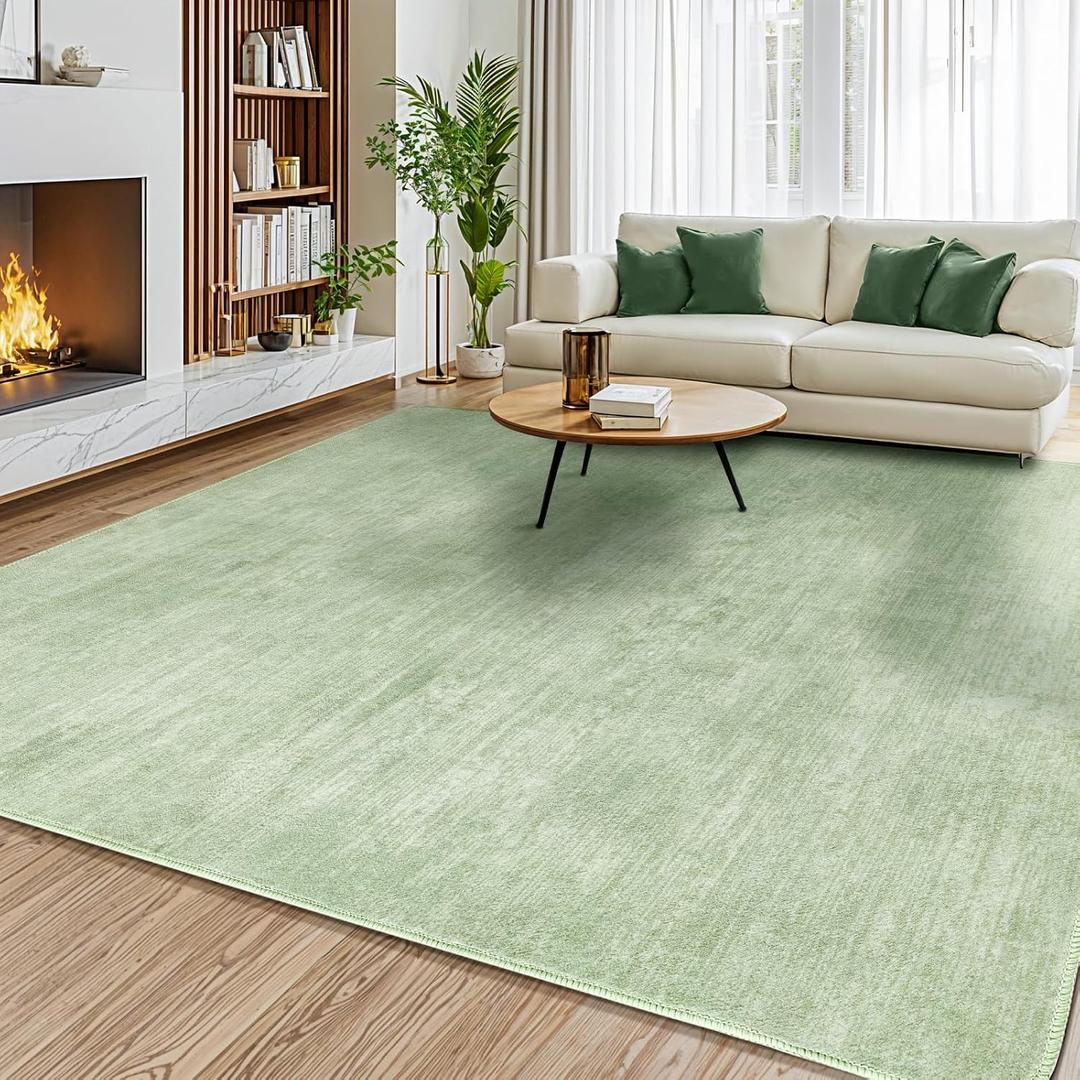6x9 Washable Area Rug, Green Solid Area Rugs for Living Room & Bedroom | Stain-resistant & Non-slip backing,Low Pile Washable Large Carpet, Solid Vintage Style For High Traffic Areas(6x9,Green)