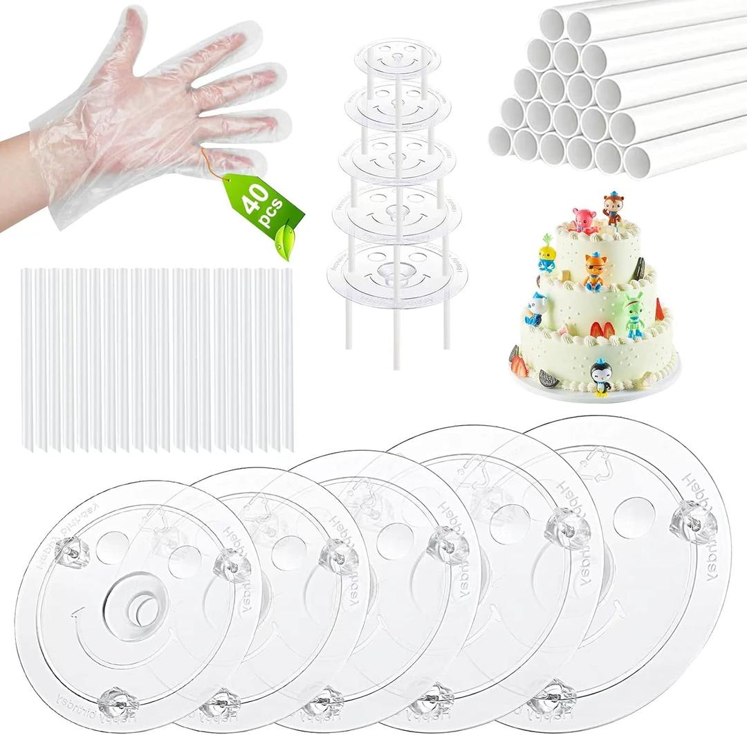 Aufind 85 PCS Plastic Cake Dowel Rods Set, 20 White Plastic Cake Sticks Support Rods with 5 Cake Separator Plates for 4, 6, 8, 10,12 Inch Cakes and 20 Clear Cake Stacking Dowels for Tiered Cakes (Clear Plates)