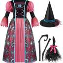 Spooktacular Creations Witch Costume for Girls, Halloween Dress with Broom, Kids Moon Shimmer Witch Set for Wizard Role Play (Large(10-12 yrs), Pink)