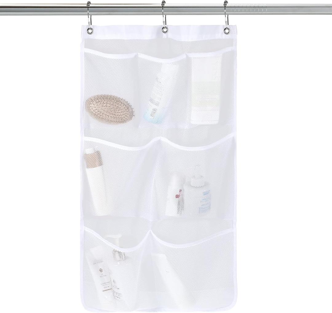 Mesh Shower Caddy Hanging with 3pcs Adhesive Hooks and 3pcs Metal Loop Hangers, 7 Pockets Shower Hanging Organizer with Quick Drying Mesh,for Shampoo, Soap, White