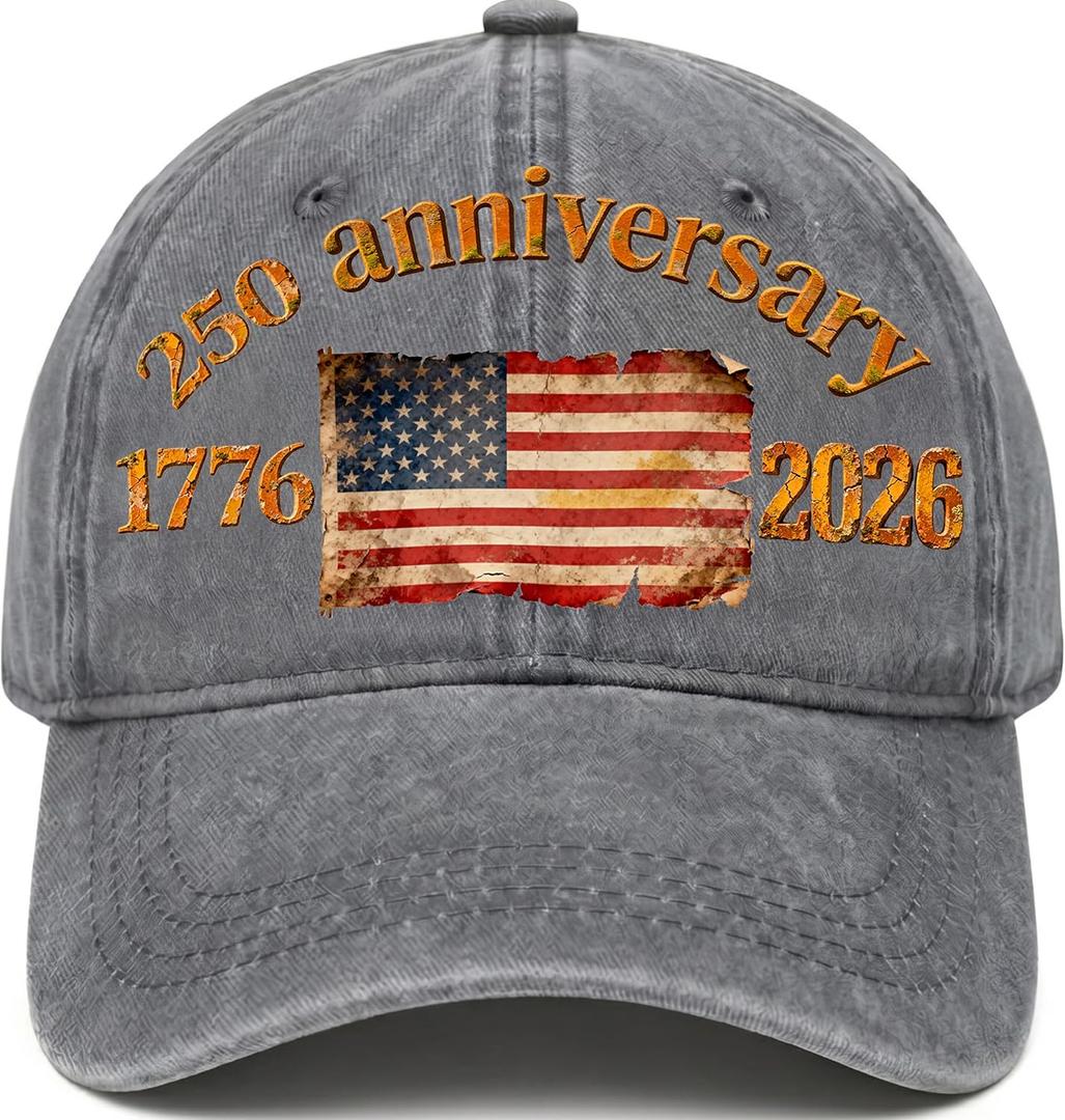 250 Anniversary USA Hat - 250 Years American 1776-2026 Commemorative Retro Washed Patriotic Baseball Cap, Adjustable Vintage Cotton Hats Grey (Gray)