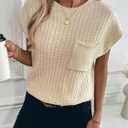 Womens Short Sleeve Sweaters Summer Cap Sleeve Tops Casual Crewneck Oversized Lightweight Knit Sweater Vest (Beige, L)