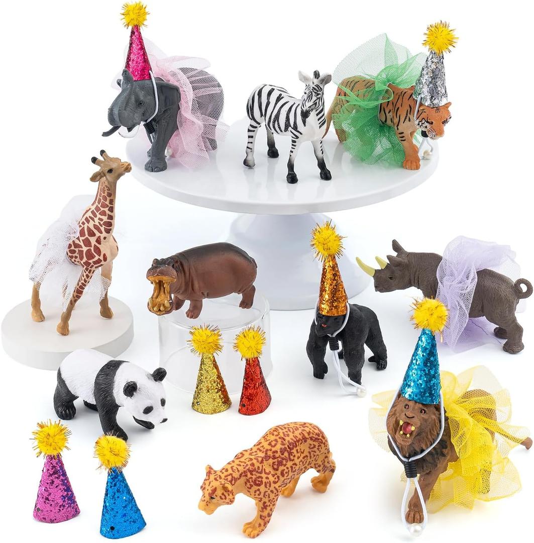 30PCS Jungle Animals Birthday Party Decorations Set, Safari Animal Cake Toppers with Hats and Ballet Skirts, Perfect for Kids Jungle Themed Party Supplies, Wild Animal Décor for Birthday Celebration
