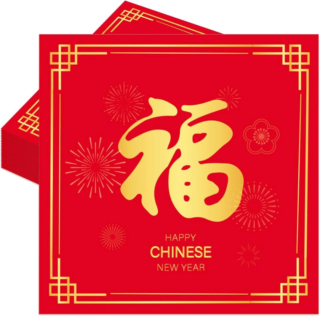 2 x JeVenis Chinese New Year Napkins Disposable 2026 Year of Horse Paper Napkins Supplies Decorations Chinese Spring Festival Happy New Year Party Napkins Set for New Year's Eve