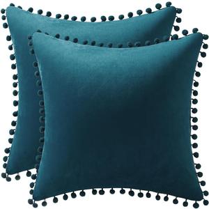 Throw Pillow Cases 18x18 Teal: 2 Pack Cozy Soft Pom-poms Velvet Square Decorative Pillow Covers for Farmhouse Home Decor