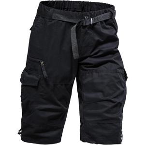 Mylldey Men's Cargo Shorts 3/4 Relaxed Fit Mens Running Shorts 7 Pockets Elastic Waist Cotton Hiking Shorts (Large, Black)