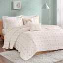 Intelligent Design Kids Quilt Set Cotton Jacquard Weave Colorful Poms Accent All Season Shabby Chic Bedding Coverlet Bedspred, Girls Bedroom Dcor, Full Queen, Ivory 5 Piece