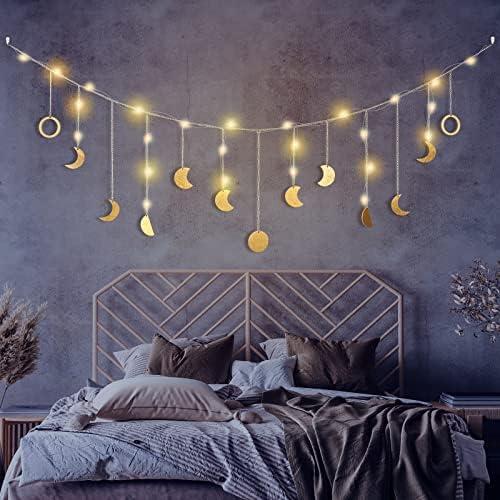 Moon Phase Wall Decor with LED String Light, 13 Gold Wood Boho Wall Hanging Decor Mood Garland 56'' - Celestial Phases Moon Decoration in Bohemian Style for Bedroom Home Living Room Fall Art Gifts