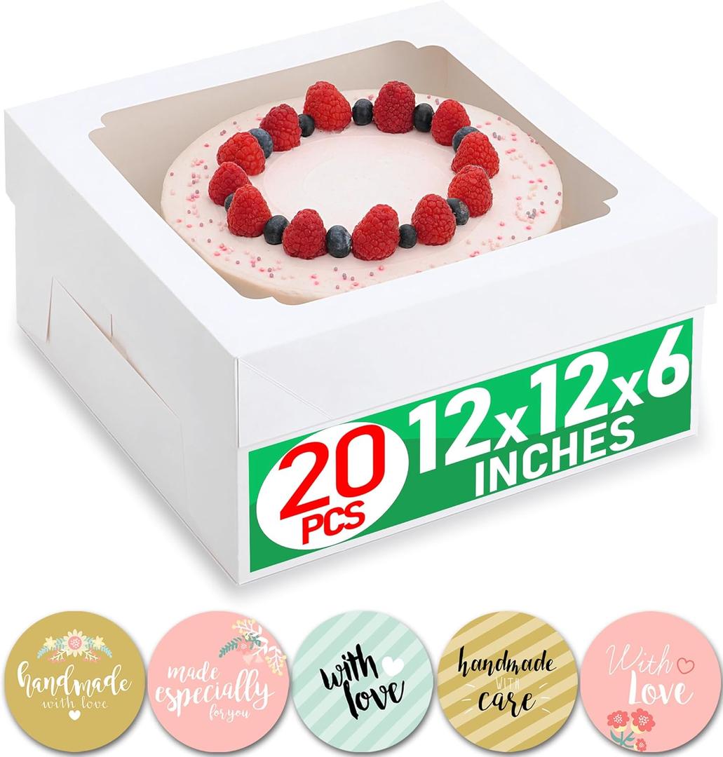 12x12x6 inch Cake Boxes 20 pcs, Large 12 inch Cake Box with Window for 6 Inch Tall Large Bakery Cakes, Pies, Sturdy Square White Cardboard, Cake Decorating Supplies (80 Pcs Stickers)