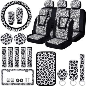Frienda 24 Pcs Leopard Car Accessories Leopard Car Seat Cover Full Set Cheetah Steering Wheel Metal License Plate Headrest Seat Belt Armrest Pad Handbrake Gear Cover Keyring(White Black)