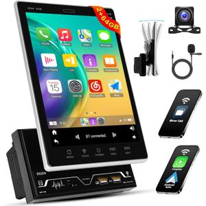 [2+64GB] 9.5 Inch Double Din Android Car Stereo with Vertical HD Touchscreen, Car Audio Receiver with Wireless Carplay Android Auto GPS WiFi Bluetooth FM/RDS Radio EQ SWC Backup Camera MIC