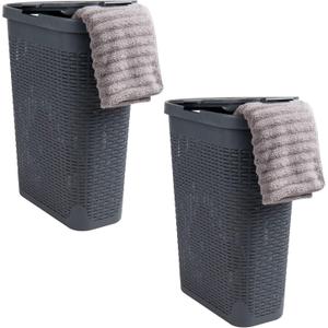 Mind Reader Slim Laundry Hamper with Lid, 40L Clothes Basket, Narrow Tapered Design with Ventilated Cutout Pattern, Plastic, Set of 2, Gray
