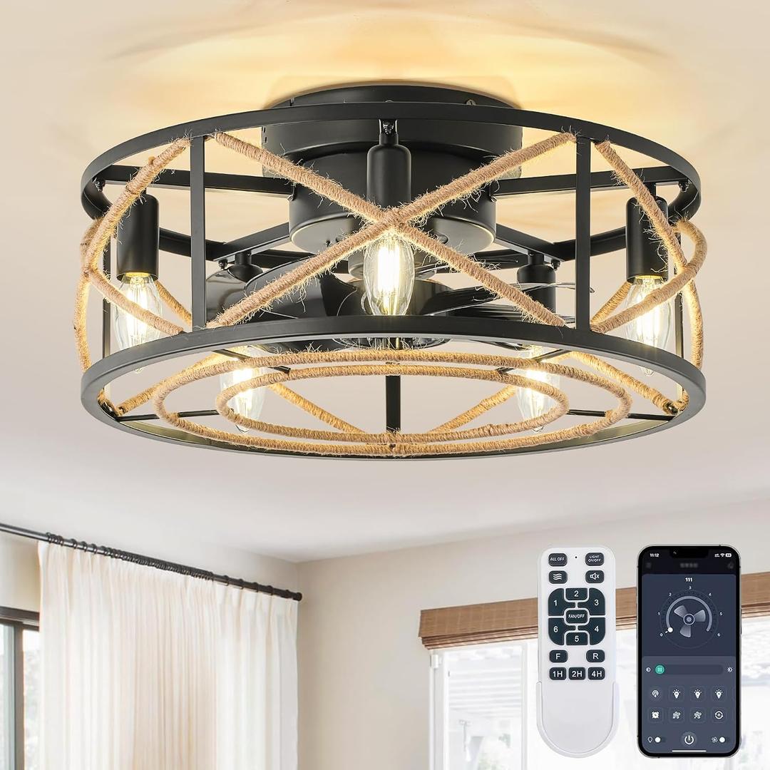 Farmhouse Caged Ceiling Fan with Light, 18 Inch Rattan Low Profile Flush Mount Ceiling Fans with Light, 6 Speed, Timing, Reversible DC Motor, Boho Small Ceiling Fan Light for Bedroom, Kitchen, Indoor