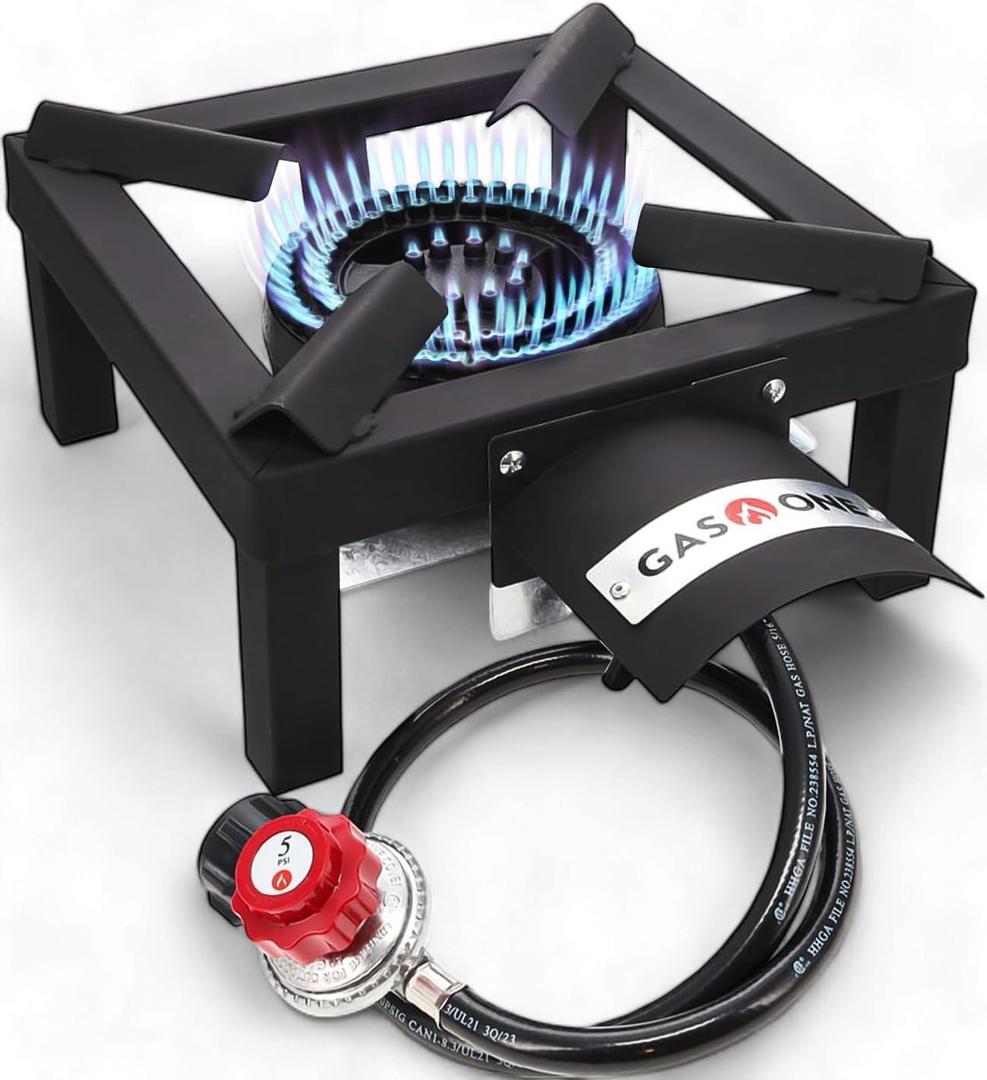 GasOne High Pressure Single Propane Burner - Outdoor Cooking with Heat Shield and Guard  Propane Burner Head for Camping, Tailgating, Seafood Boil, Home Brewing - Patent Pending