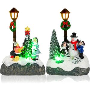 Karenhi Christmas Village Sets, 2 Pcs Snowman Tree Santa Christmas Village Scene with Figurines LED Light Xmas Accessories Tabletop Decorative Xmas Ornaments for Table Decor(Rustic Style)