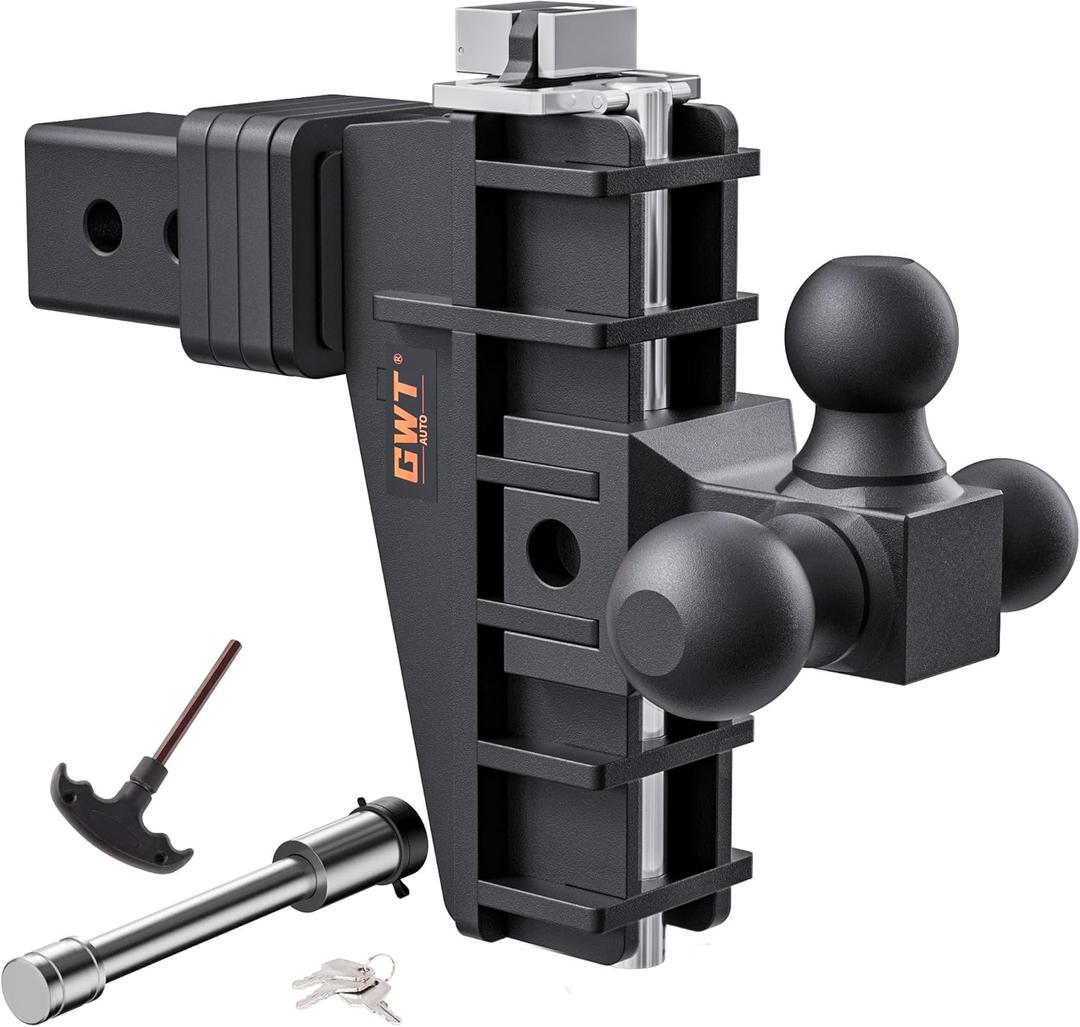 Adjustable Trailer Hitch, Tri-Ball (1-7/8" x 2" x 2-5/16") Drop Hitch, Fits 2.5-Inch Receiver, 6 Inch Drop Hitch, 18500 LBS GTW-Class 3 Tow Hitch for Heavy Duty Truck, Black, Solid Ball Mount