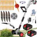 Electric Weed Wacker Cordless Eater Battery Powered Eater Lightweight Edger Portable Stringless Grass Trimmer/Lawn Mower/Brush Cutter, with 3 Types Blades & Wheels for Yard and Garden-Grey