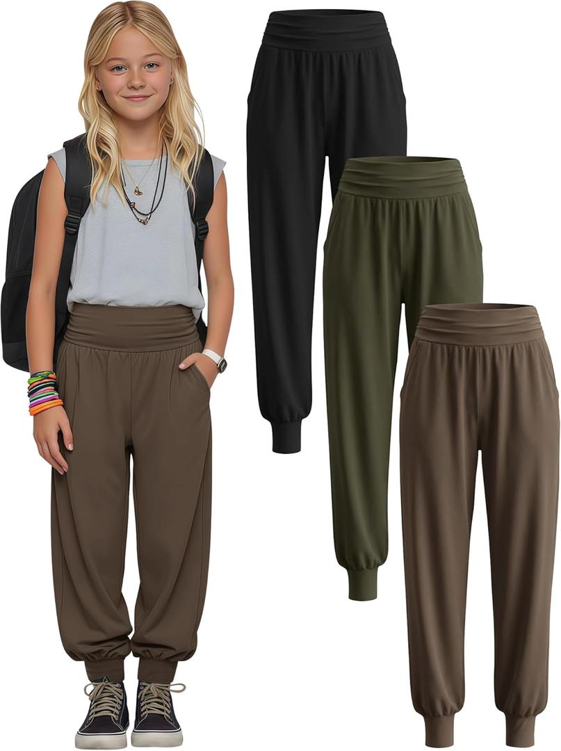 3 Pack Girls' Yoga Pants with Pockets High Waisted Joggers Workout Running Sweatpants Kids Casual Athletic Bottoms (9-10 Years, Black, Army Green, Brown)