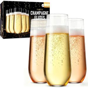 Guanqiao 12 Pack Stemless Plastic Champagne Flutes, 9 oz Clear Disposable Plastic Glasses, Heavy Duty Shatterproof Recyclable Mimosa Glasses for Party Wine Tasting Wedding New Years Eve Party Supplies