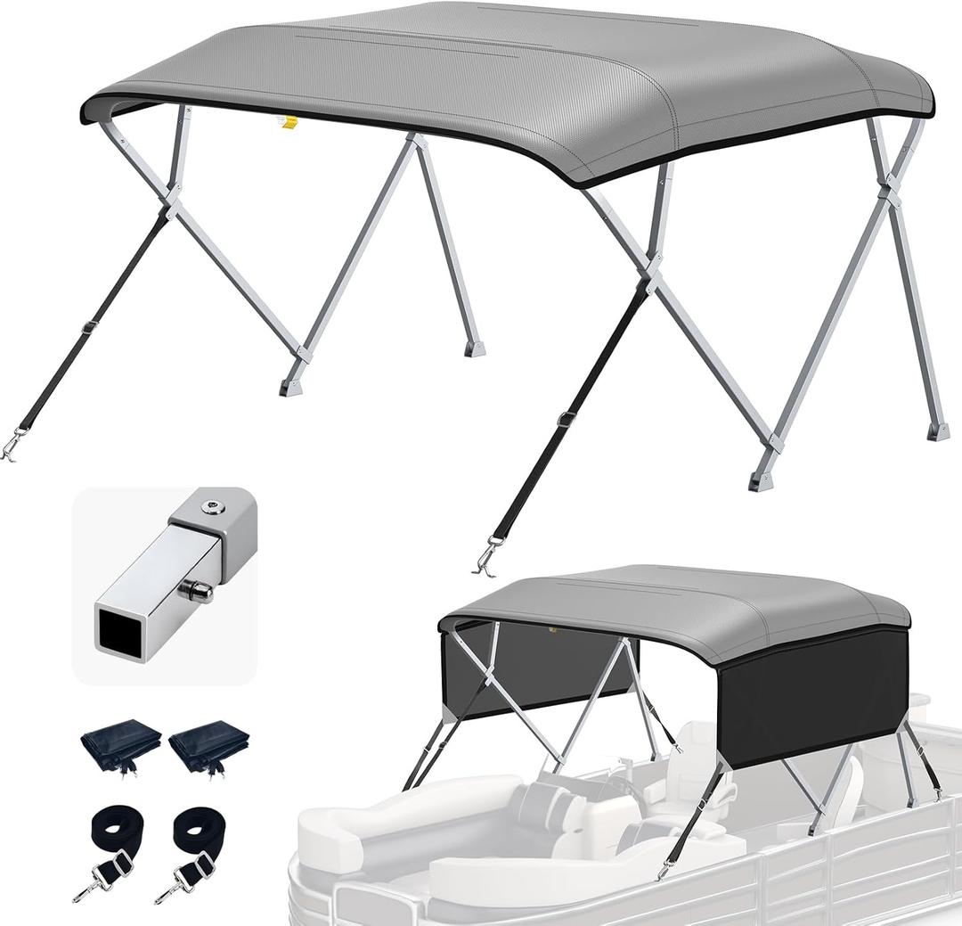 KAKIT Bimini Tops for Pontoon Boats with 2 Mesh Sidewalls Square Frame 600D Oxford Top with Rear Support Poles, Storage Boot 1 Inch Aluminum Frame(4 Bow 10'L 54" H 73"-78" W,Gray)
