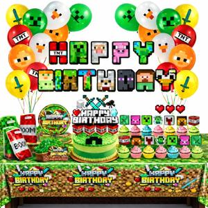 Pixel Game Birthday Party Decorations - Miner Supplies Set Gaming Theme - Including Banner Balloons Tablecloth Plates Toppers Napkins Favor Bags - Mining Bday Pack Craft Decor Kit Boys Girls