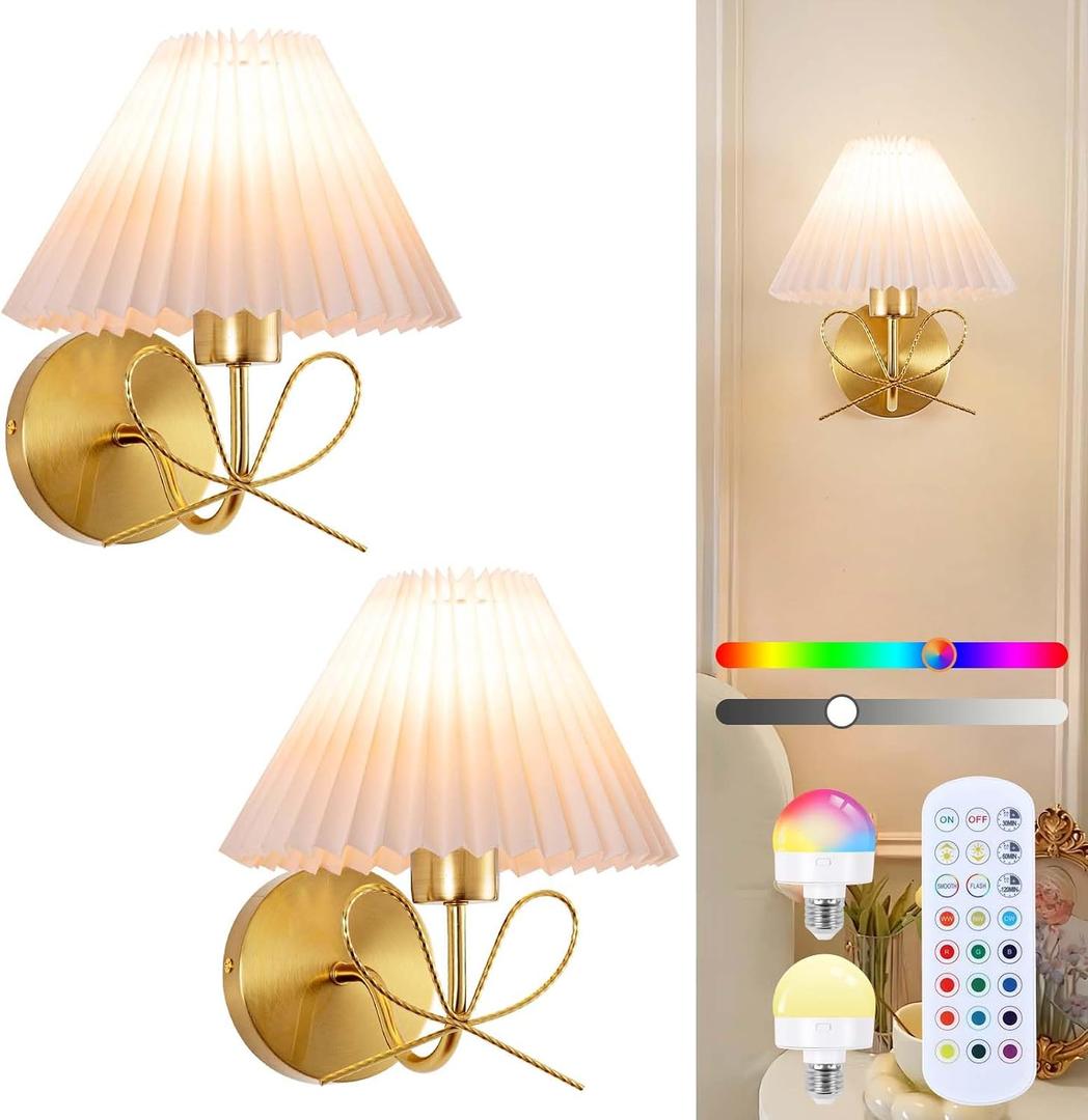 ADISUN Modern Wall Sconce Set of Two, Battery Operated Wall Sconce Remote Control Dimmable Wall Lamp Wireless Sconces for Living Room Bathroom Dining Room Corridor Staircase