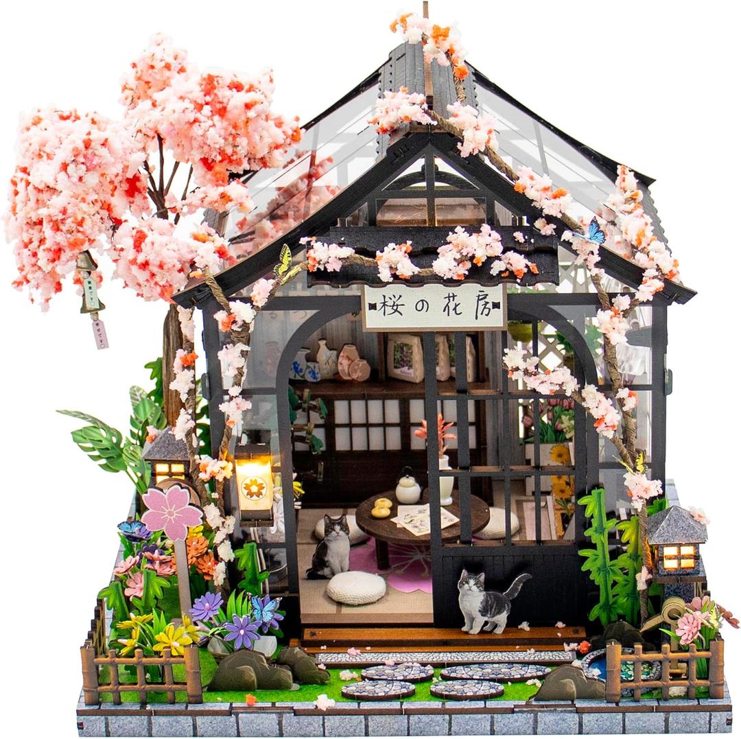 DIY Miniature House Kit, DIY Book Nook with LED Light | 3D Puzzles for Adults and Teens, Building Kits for Bookshelf Decor, Creative Gift for Craft Lovers | Sakura Greenhouse, Standard Book Nook Size